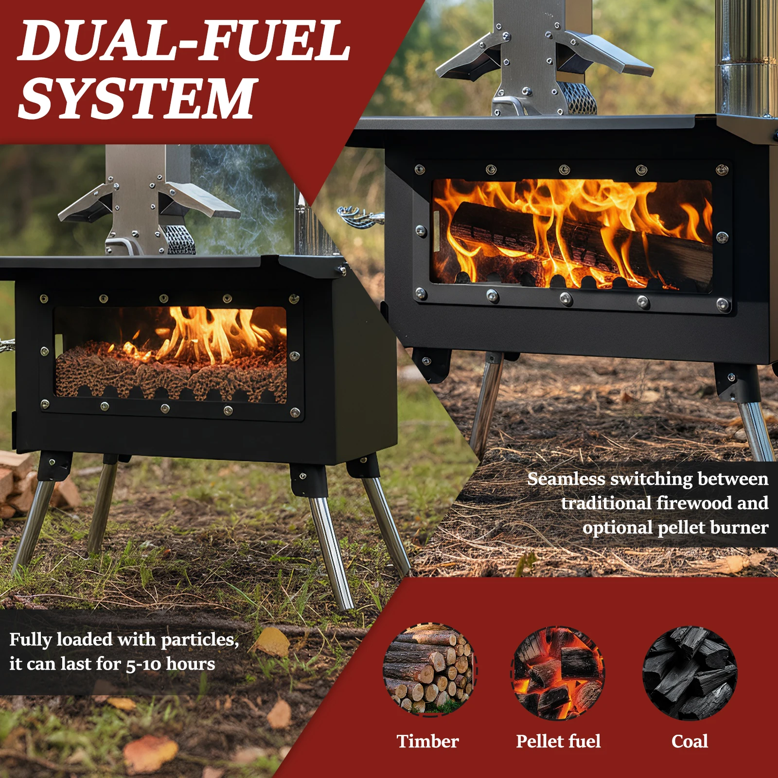 

Wood Burning Tent Stove with Stainless Steel Construction Small Wood Stove Chimney Pipes Included for Outdoor Cooking & Heating