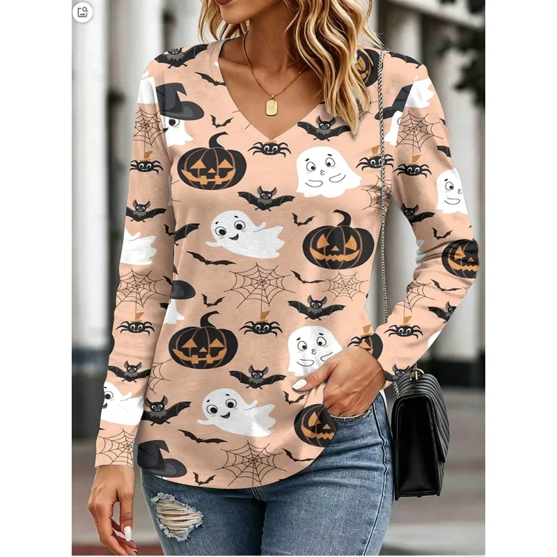 Halloween PrintVCollared long-sleeve women's clothing Casual and versatile can be worn as a base layer or on its own
