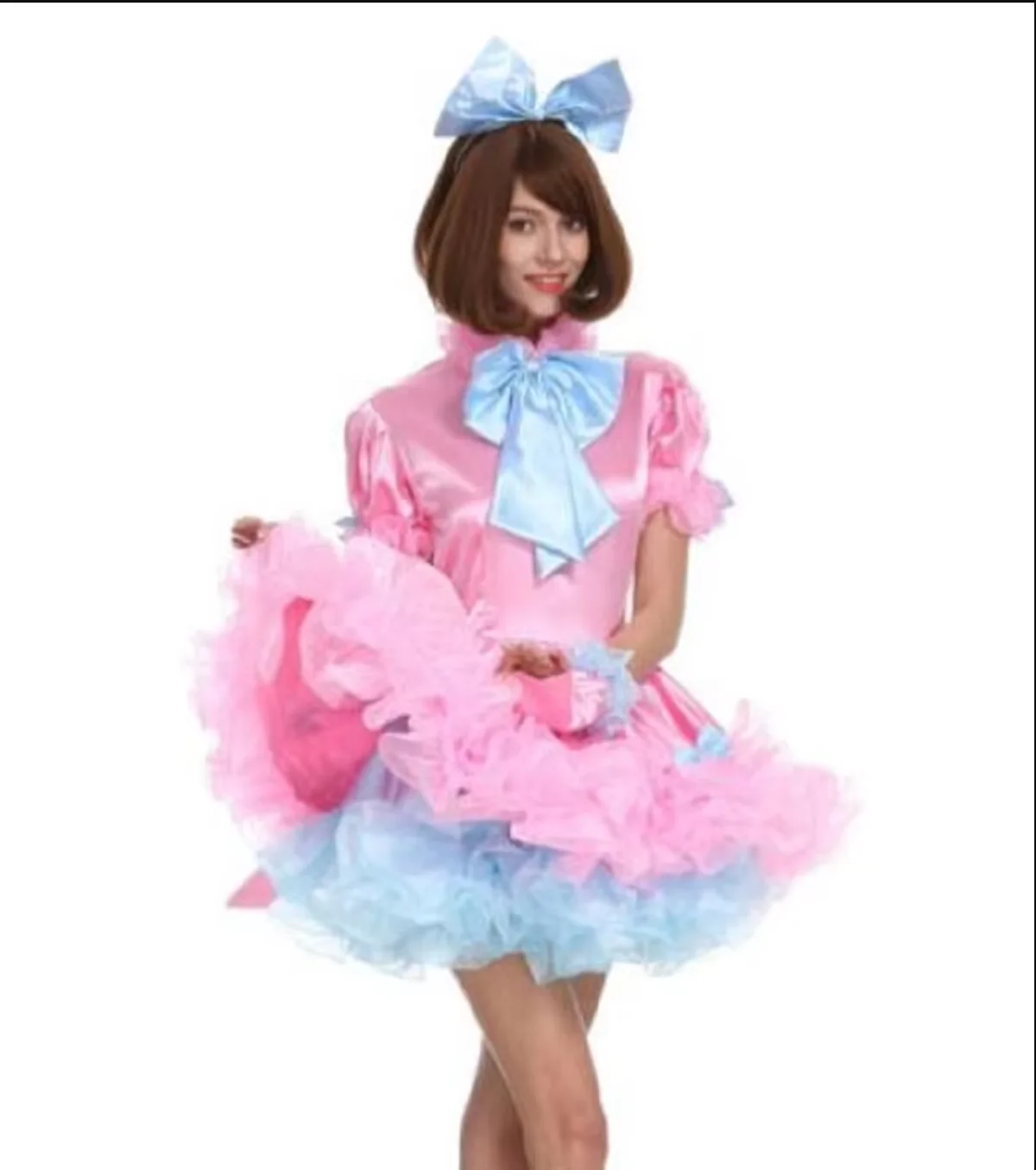 

Crossdresser Party Daily Unisex Dress Sissy Lockable Maid Bow Pink Lace Lace Up Fluffy Dress Customization