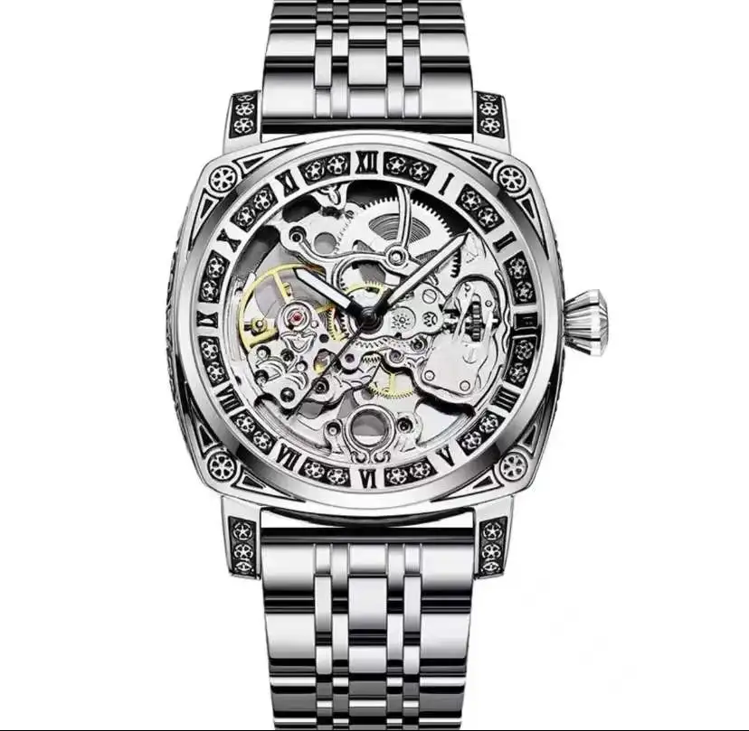 Sport herren Uhr Stahl Band Uhren Mechanische Uhr Skeleton Design Business Armbanduhr