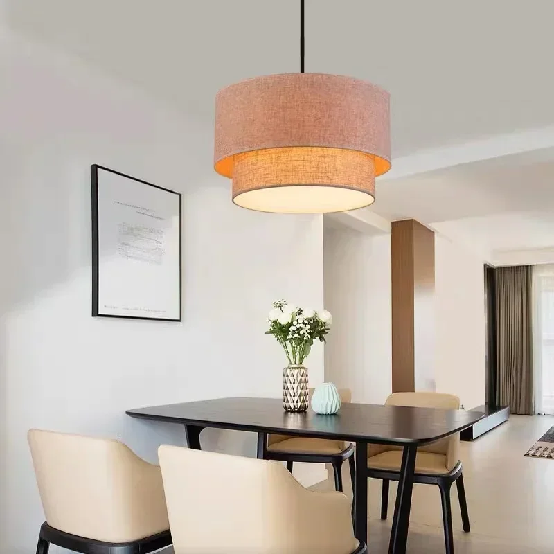 Beige Fabric Nordic LED Fixture Modern Minimalist Dining Living Bedroom Study Double Linen Black Creative Chandelier Lights
