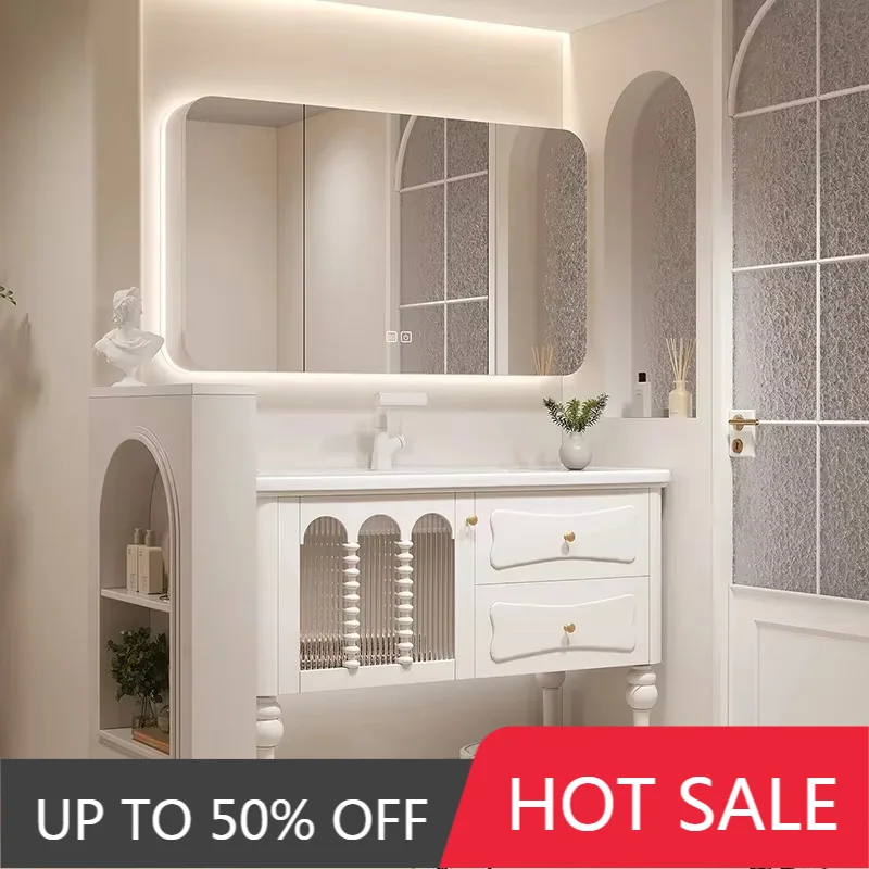 French Cream Light Bathroom Cabinet Drawer Ceramic Fixed Mirrors Storage Organizer Wall Mounted Vanity Small Sink Mobile Ba