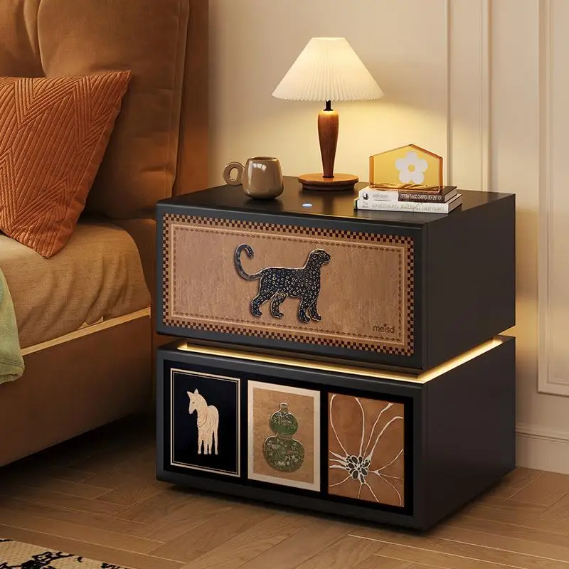 

Medieval wrought iron bedside table, light luxury and high-end with lamp, retro black, metal cabinet.