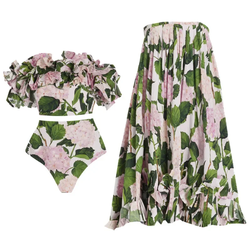 

2024 3Pcs Ruffle One Piece Swimsuit With Cover Up Sexy Swimwear Women Floral Print Monokini Kimono Bikini Suit Summer Beachwear