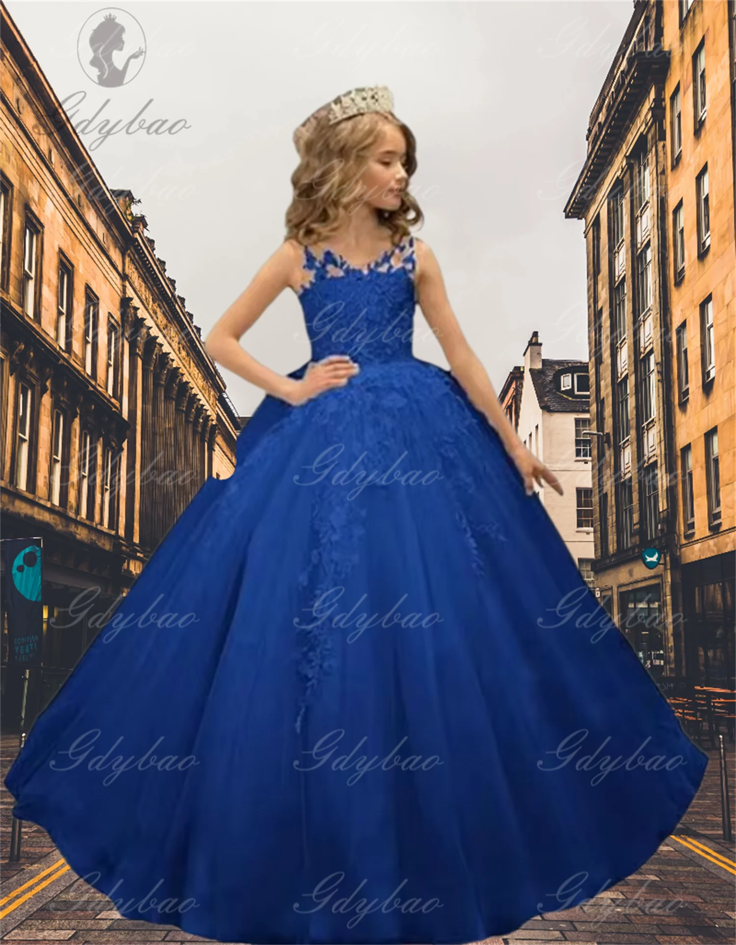 

Girl's Pageant Dress Long Tulle Flower Girl Dresses Sleeveless Appliques Ball Gown for Wedding Party Dresses