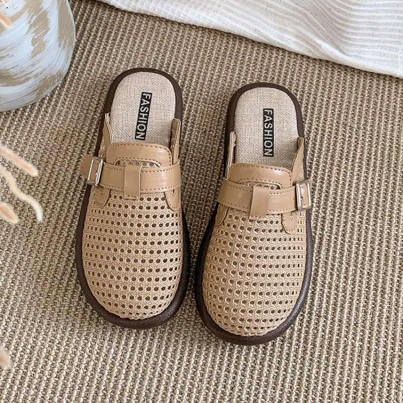 

Flat Half Slippers Genuine Leather 2025 Summer Soft-soled Casual Women's Sandals Large Hollow Out Female Slides Buckle