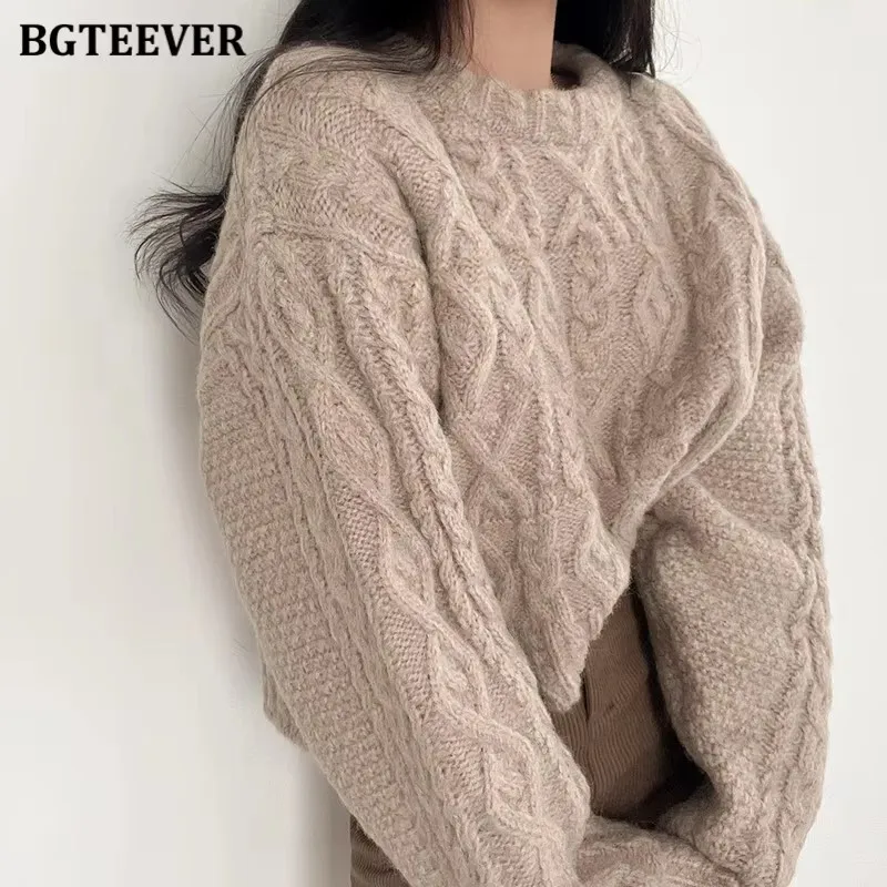 

BGTEEVER Vintage O-neck Long Sleeve Twisted Striped Sweaters Women Autumn Winter Casual Warm Loose Female Knitted Pullovers