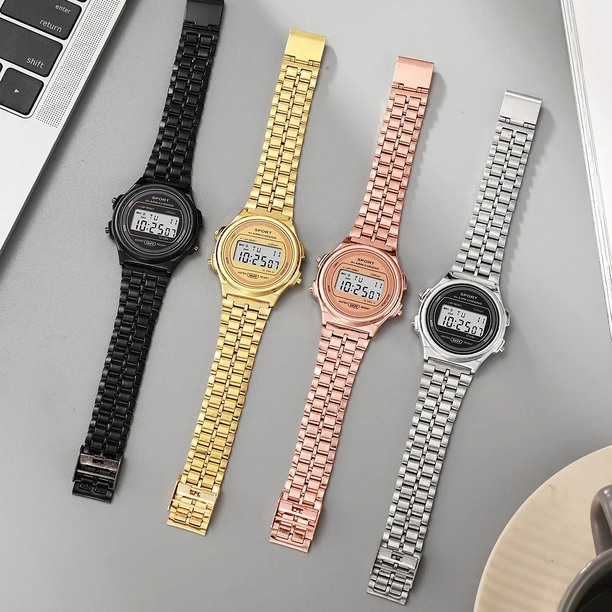Women Casual LED Electronic Watch Retro Stainless Steel Men Women Unisex LED Digital Watch Multifunction Waterproof Wristwatch