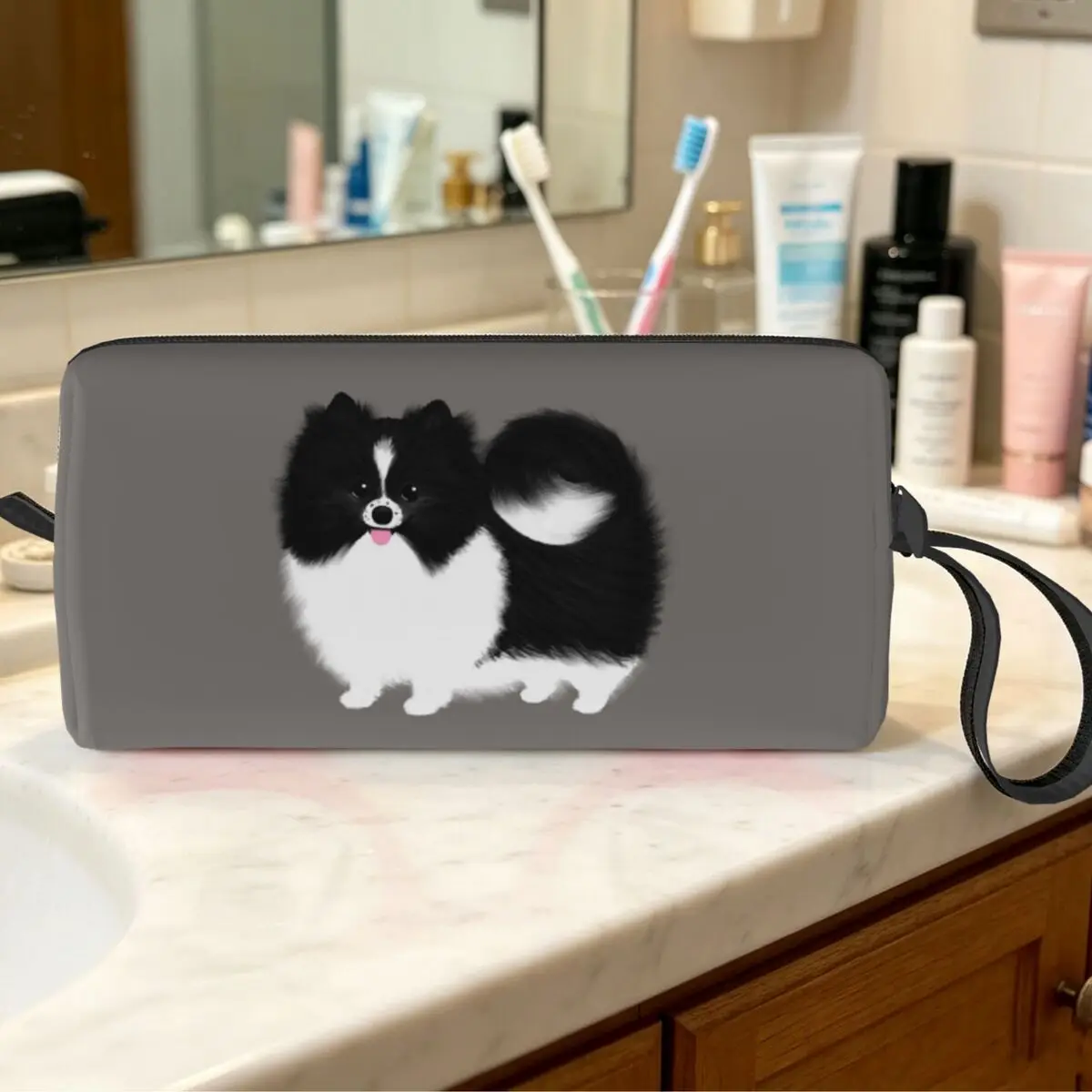 Black And White Parti Pomeranian Fluffy Dog Makeup Bag Cosmetic Organizer Storage Dopp Kit for Women Beauty Travel Pencil Case