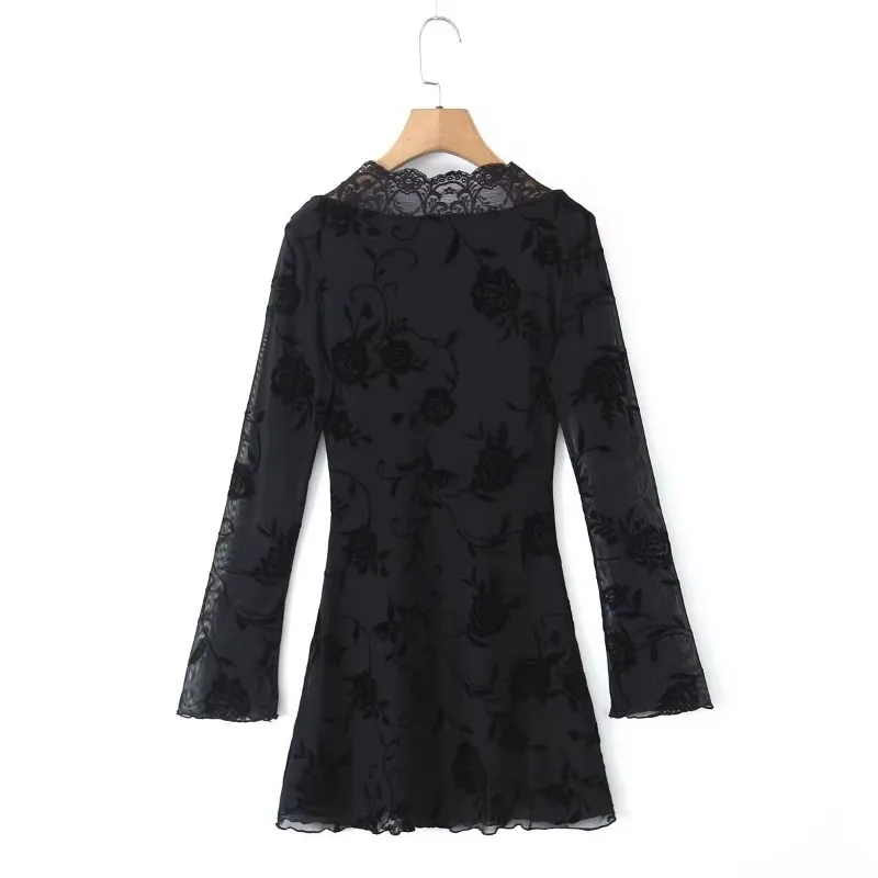 Topenomi Sexy Flocking Print Lace Mini Dress Women 2025 Spring Temperament V Neck Long Sleeve Waist Slim Evening Party Dresses