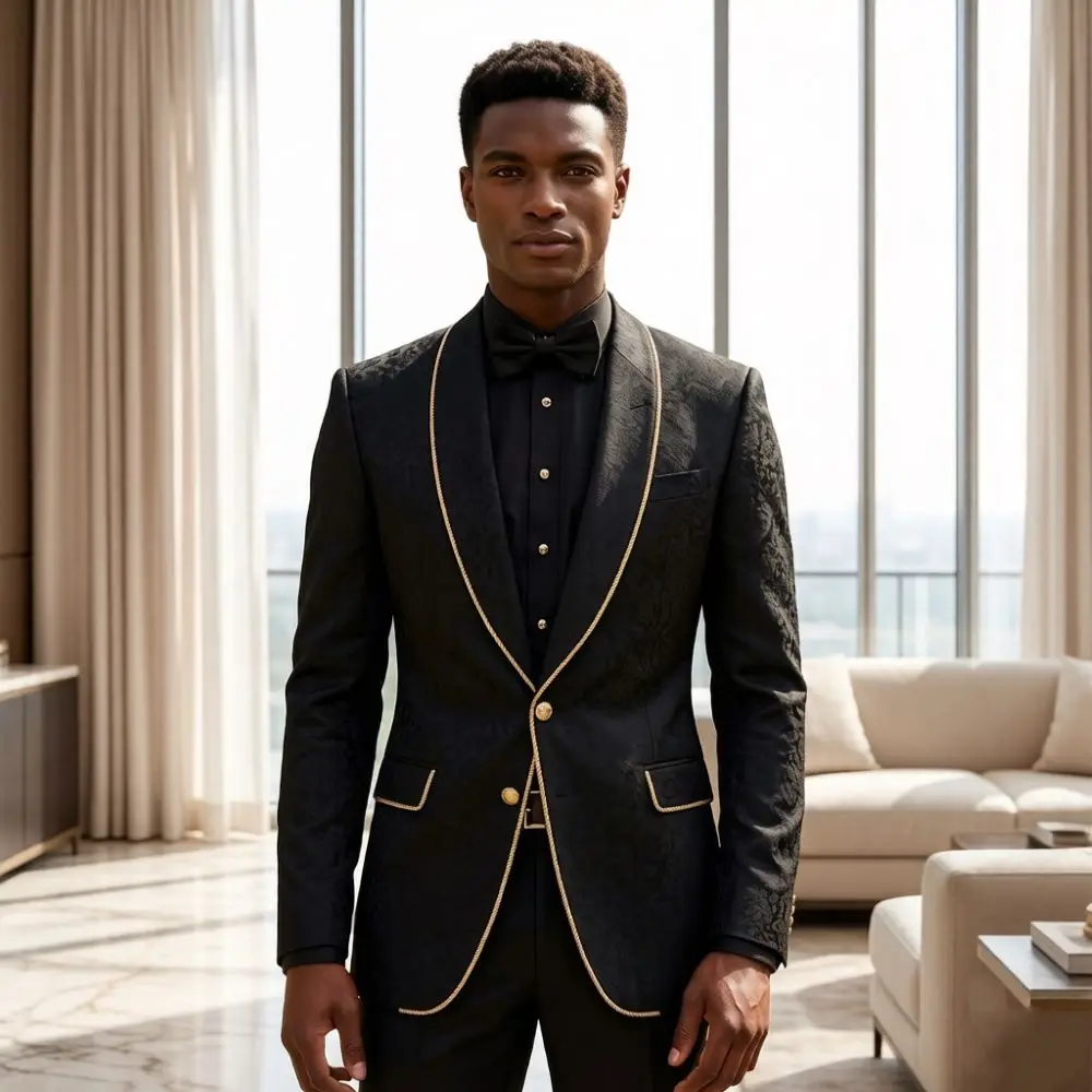 Black Floral Wedding Suits for Men Slim Fit 2 Pieces Groom Tuxedo Mix Match Gold Piping Trim Round Gold Buttons Formal Events