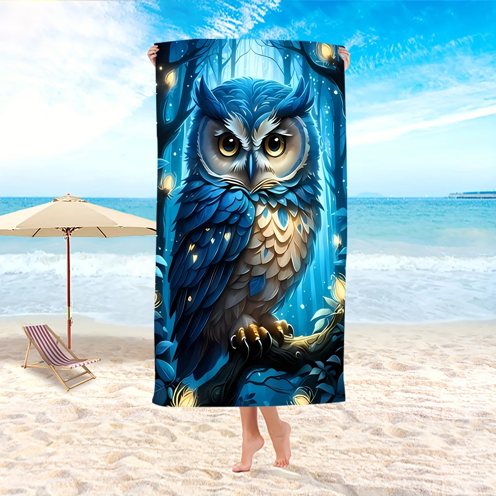 1pc Blue Owl Beach Towel , Absorbent Micro-Fiber, Quick-Dry & Lightweight, Soft Sunscreen Beach Blanket with Vibrant Owl Design