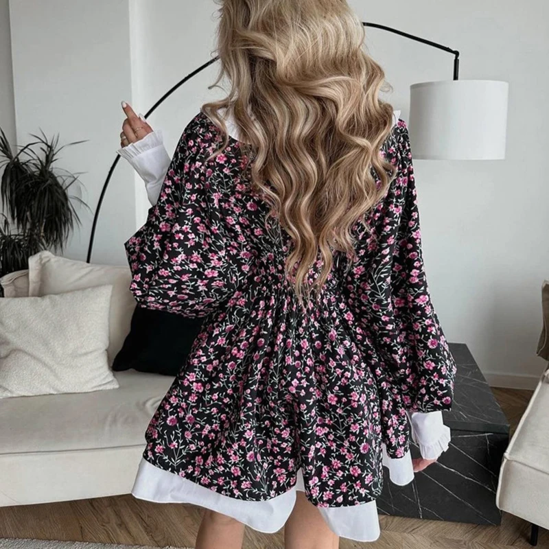 Moda peter pan colarinho impressão vestidos primavera feminino lanterna manga dupla camada vestido de verão cintura alta uma linha mini vestido