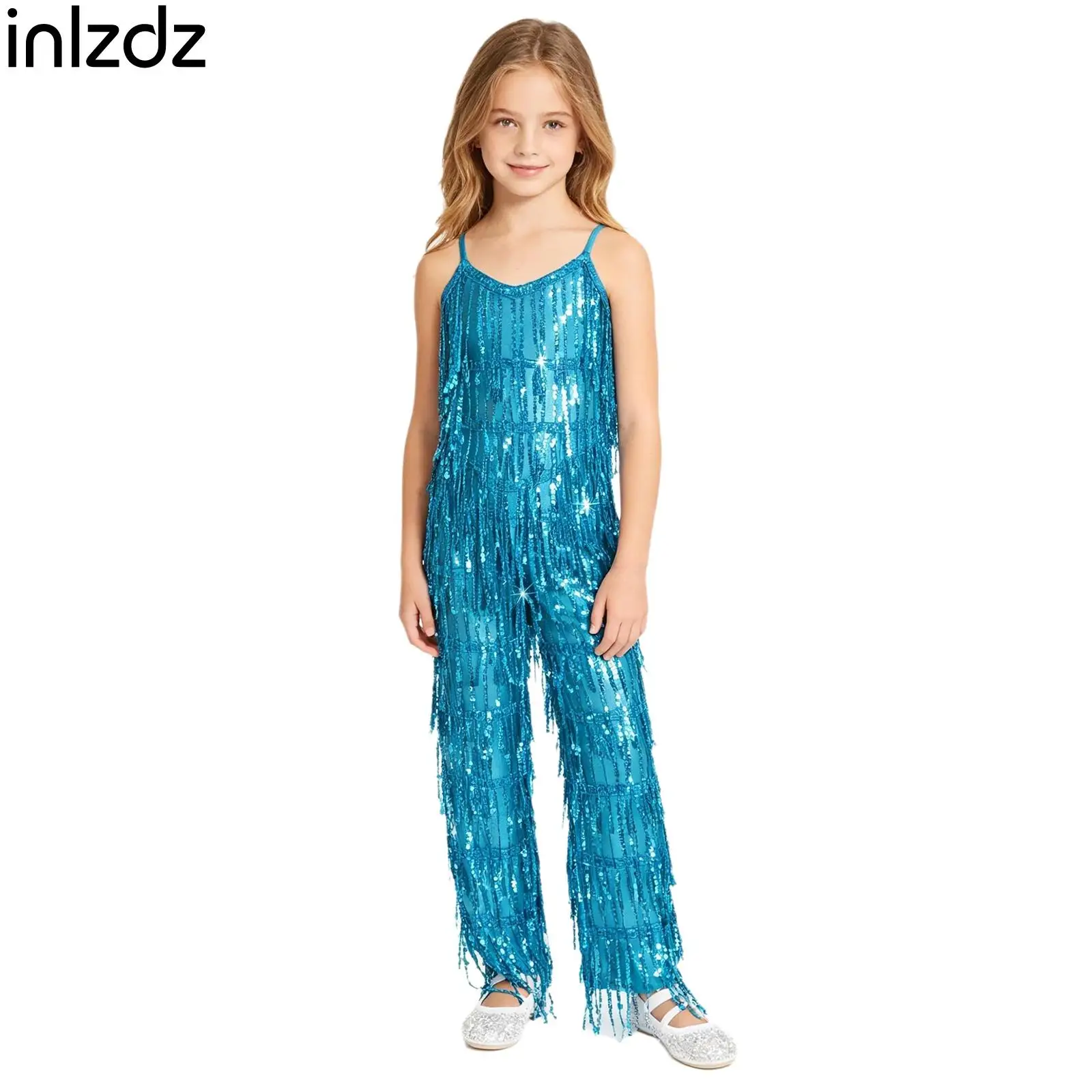 

Kids Latin Disco Jumpsuit Girls Multi Layer Sequin Tassel Sleeveless Adjustable Straps Long Pants One Piece Rompers Jazz Costume