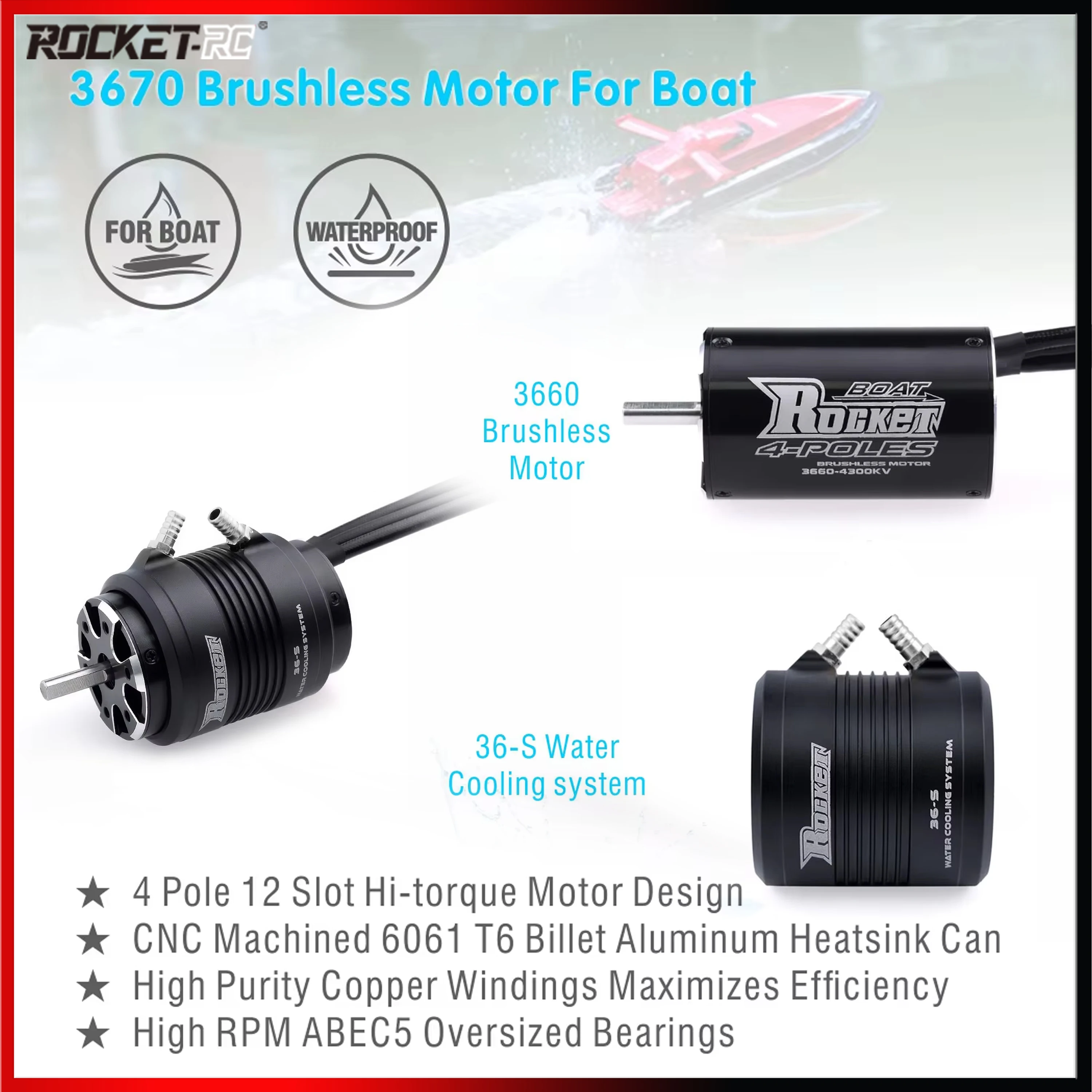 Rocket-RC 3660 3670 3250KV 2280KV 1850KV RC Boat Brushless Motor 36-S Water Cooling Jacket for Traxxas Feilun RC Boat Car Parts