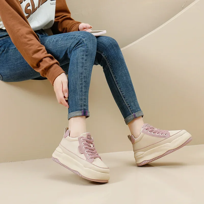 Moda esportiva feminina de couro sapatos de sola grossa respirável tênis de corrida feminino novo resistente ao desgaste