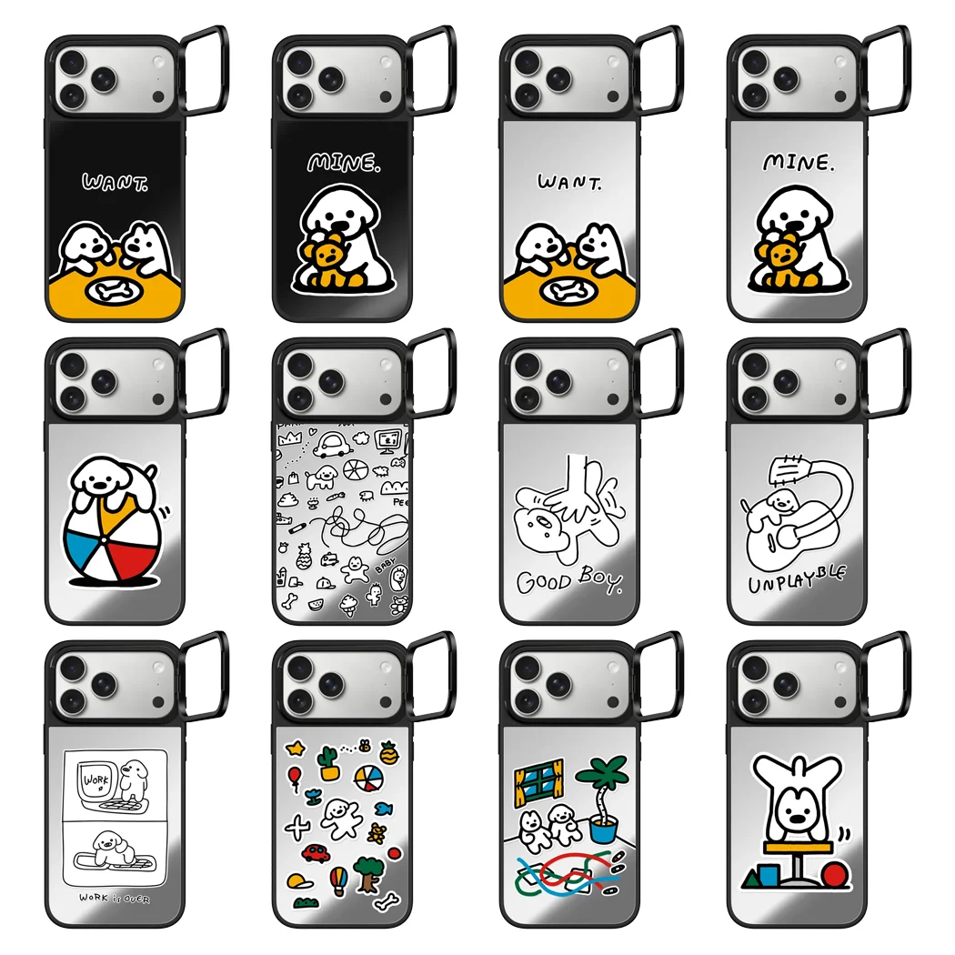 

Cartoon Puppy Friend Camera Stand Mirror Surface Phone Cover for iPhone 14 15 16 17 Pro Max Case for iPhone 17Pro