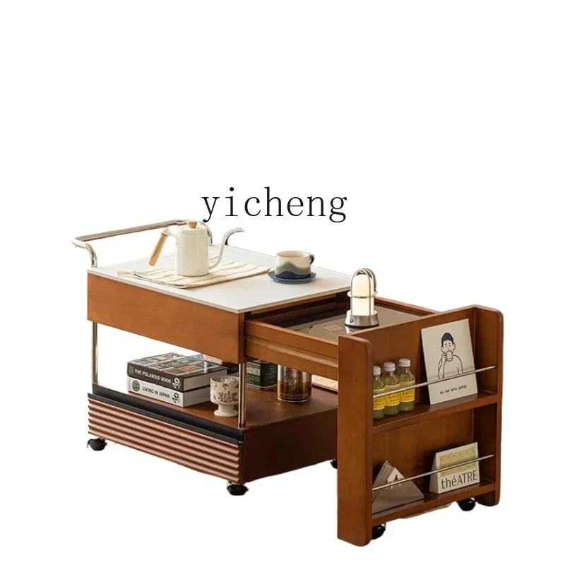 TQH6.4  retro coffee table solid wood small table tea cabinet antique rock slab edge table can be moved and retractable