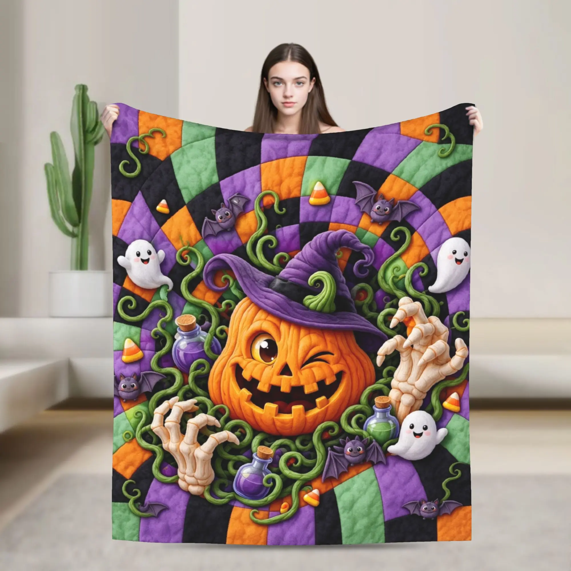 3D Illusion Halloween Flannel Throw Blankets Ghost Pumpkin Wink Blankets for Sofa Bedroom Super Warm Bedroom Quilt