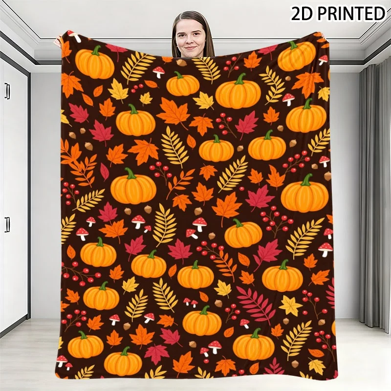Cozy Fall-Themed Throw Blanket with Dark Brown Background, Printed Assorted Orange Pumpkins, Vibrant Autumn Leaves, Red Berries,