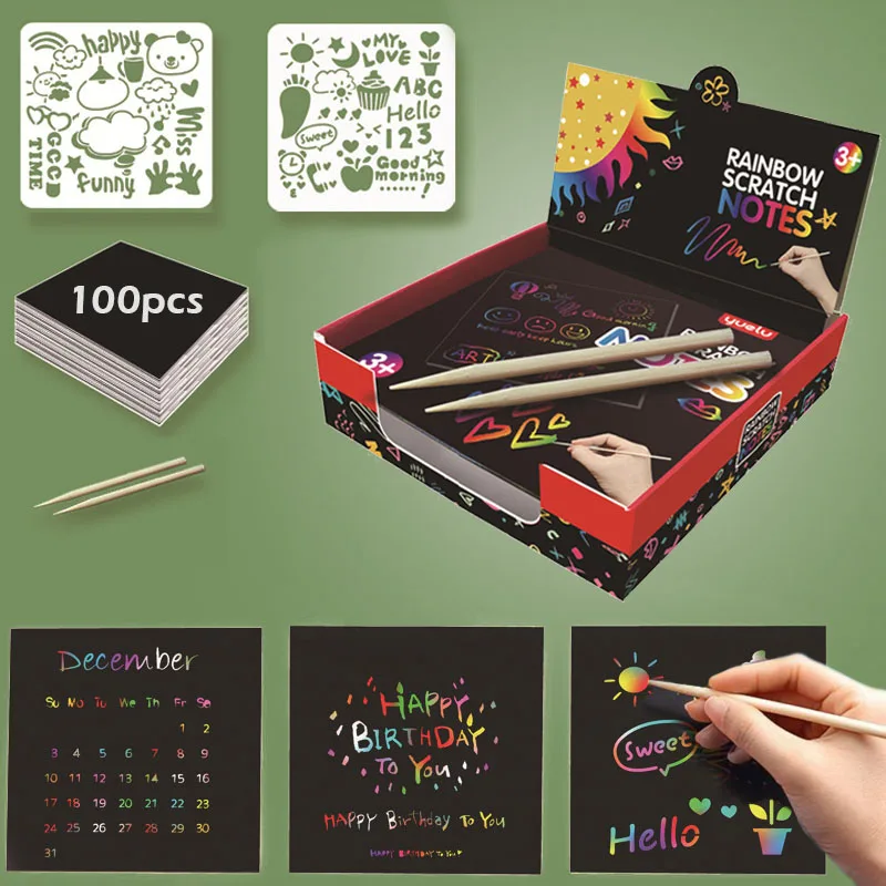 100pcs/Box Rainbow Scratch Mini Notes Paper Pad Cards with 2Stylus 2Drawing Stencil Children Kids Draw Painting Toys Craft Gifts