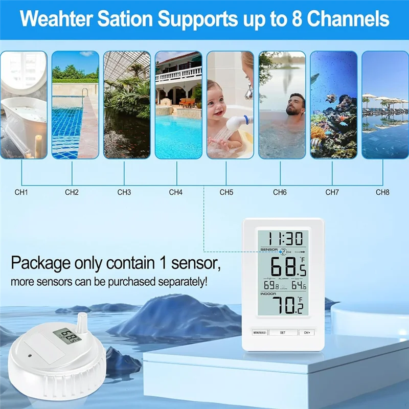 WOTT-Wireless Pool Thermometer Digital Temperature Sensor With Memory 24H LCD Display For Swimming Pool Tub