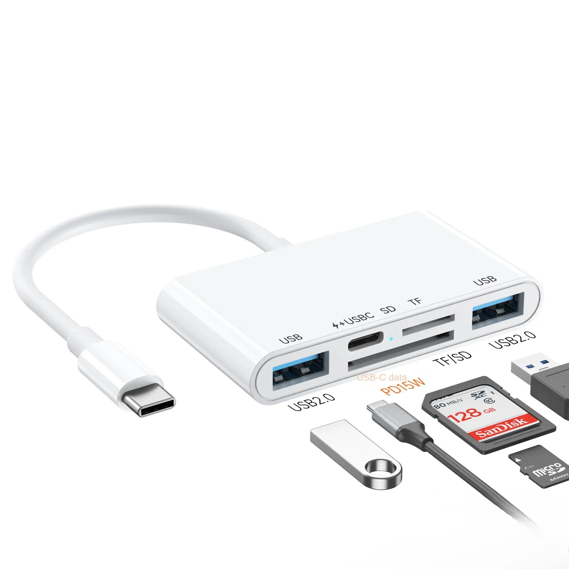 FC&EC 5-in-1 USB 3.0 Type-C SD TF CF Card Reader for iPhone 14 15 16 iPad MacBook Android Huawei Laptop OTG Adapter No APP