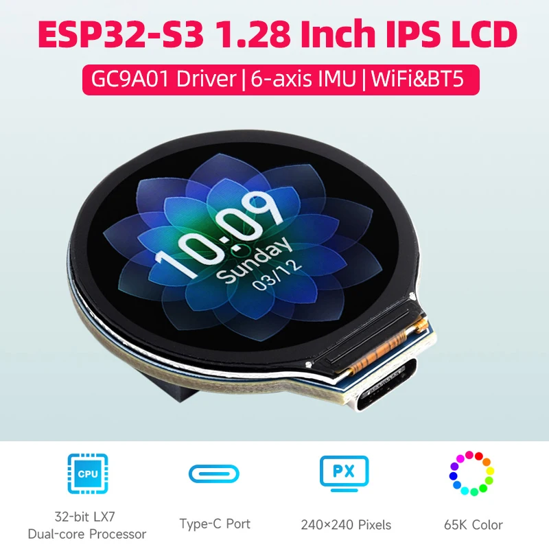 

ESP32-S3 Development Board 1.28inch IPS Round LCD 65K 32-bit LX7 Dual-core Processor GC9A01Driver WiFi BT5 BLE Type-C Port