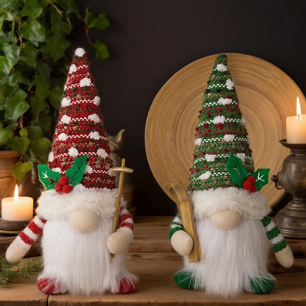 Figuras de gnomo navideño hechas a mano con diseño de luz para decoración de mesa navideña y estante Rojo Verde 16 x 28 cm