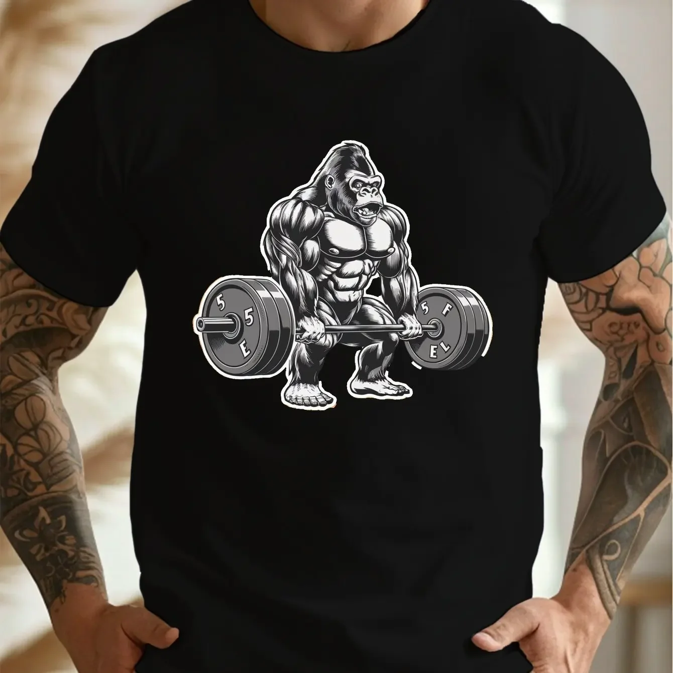 100% pure cotton new summer men's and women's short sleeved T-shirt with chimpanzee dumbbell pattern print, comfortable fabric