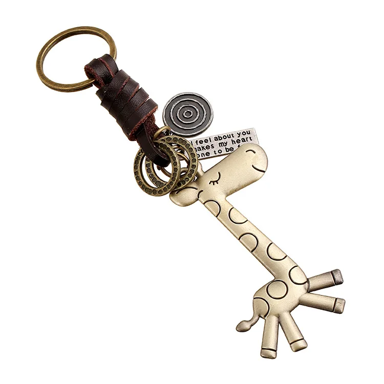 Punk Style Retro Cowhide Keychain for Creative Gifts Copper Tone Giraffe Leather Key Ring for Men Women Fashion Accessory