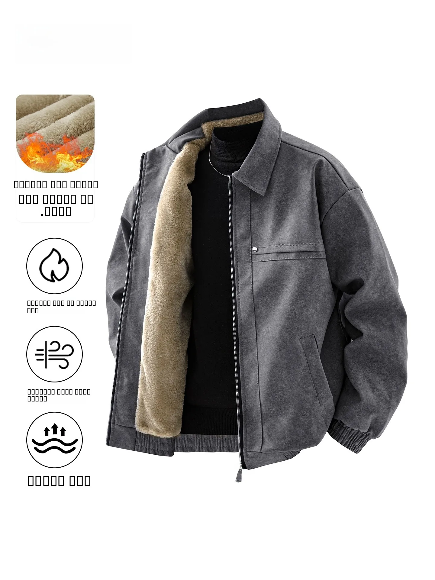 

Men's Fce Lined Thiened PU Leather Jaet Autumn Winter Loose Faion Warm Motorcycle Coat Casual Sle Long Sve Zipper