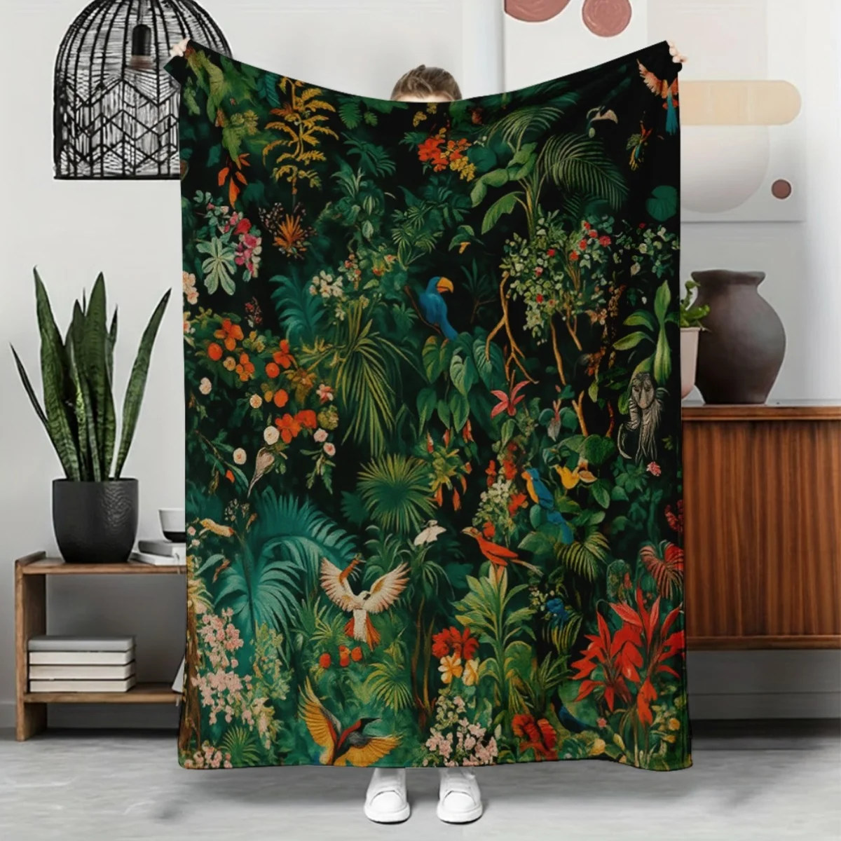 Vintage Dense Rainforest Parrot Macaw Bright Flower Leaf Print Blanket,Light Flannel Throw For Couch Office,Jungle Daily Blanket