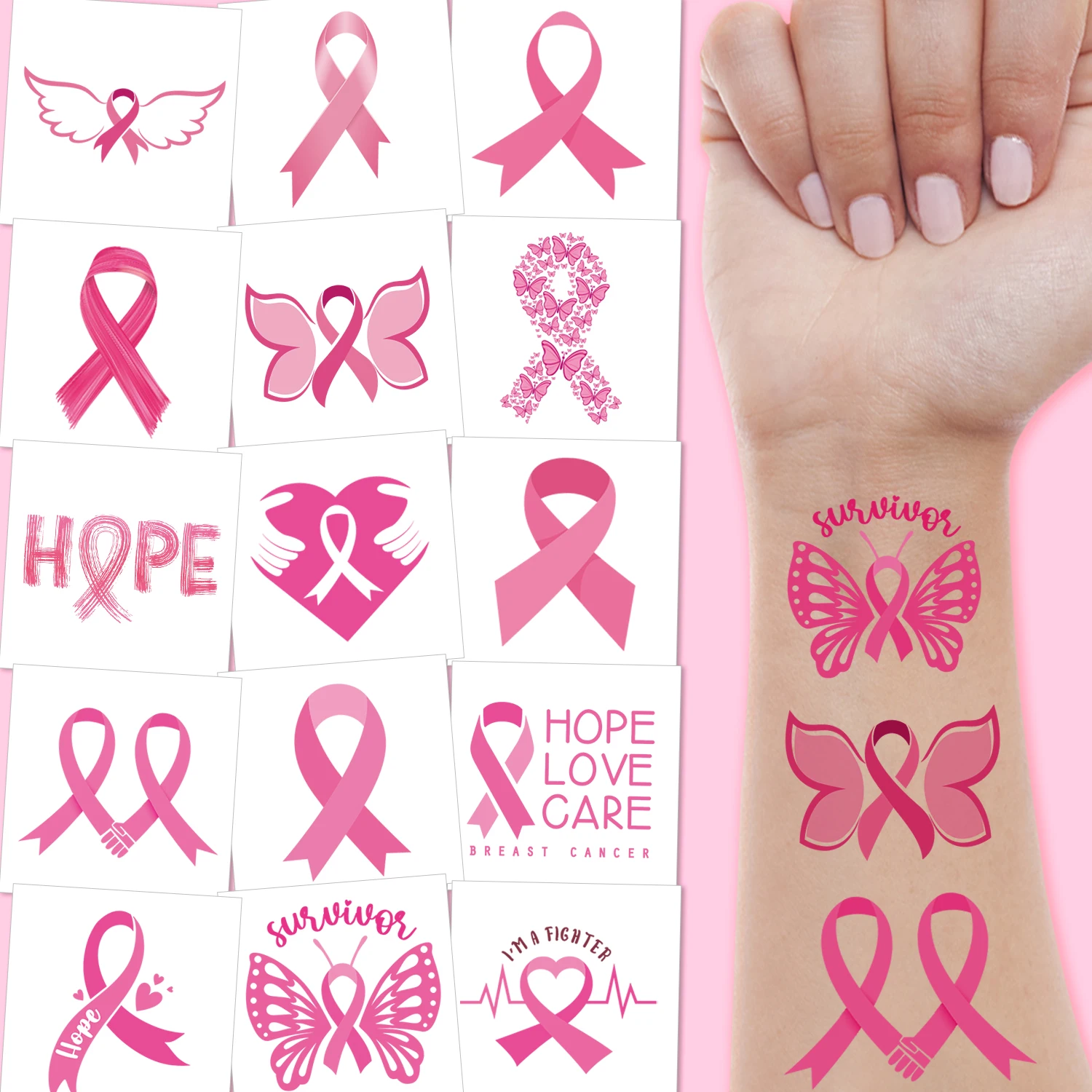Breast Cancer Tattoos, 10 Sheets Pink Ribbon Breast Cancer Awareness Temporary Tattoos for Walks Runs Fundraising Events