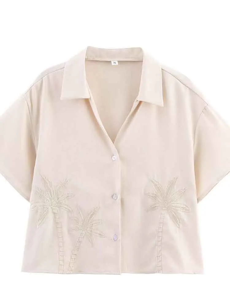 

European style women's clothing new fashion versatile temperament simple coconut tree embroidered shirt