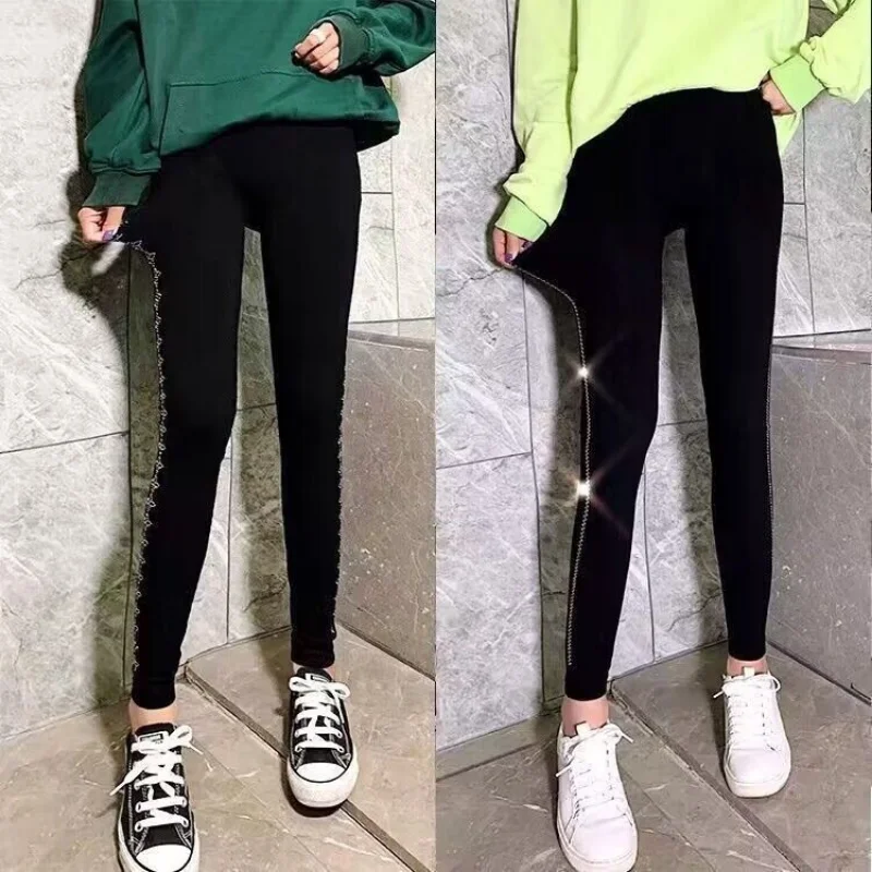 Women Clothing Sexy Pants Woman Fitness New Autumn Winter High Waist Stretch Thicken Velvet Leggings Blingbling Hot Drilling