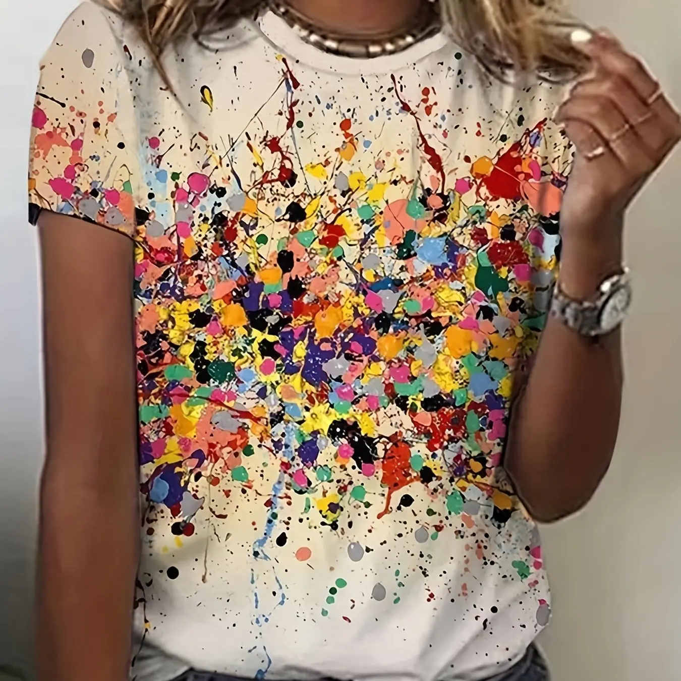 

Summer 2025 Women Colorful Printed Round Neck T-shirt Spring and Summer Casual Short Sleeve Top Women Round Neck Quick Drying