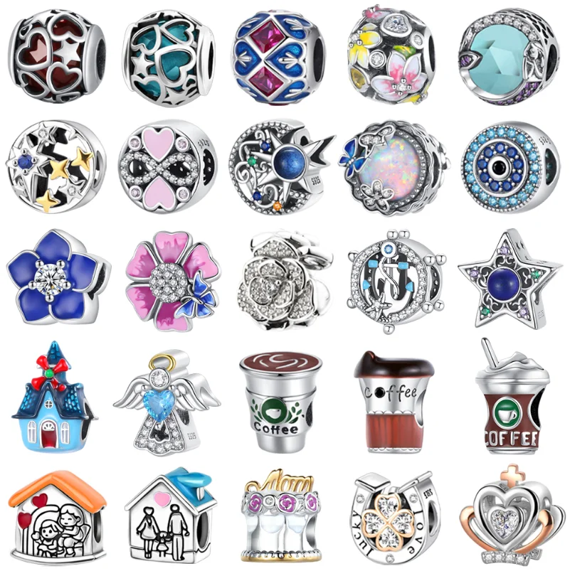 New Original 925 Sterling Silver Star Flower Angel Coffee Cup House Love Beads for Pan Bracelet DIY Jewelry Women Gift