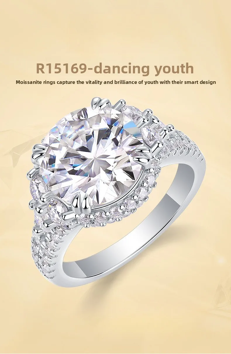 

S925 Rhodium Plated Silver 5CT D Color Micro Pave Solitaire Moissanite Ring for Women, Exquisite Jewelry