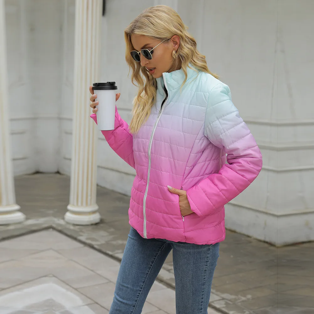2023 Autumn and Winter Women Cotton-Padded Jacket Gradient Printed Long Sleeve Pocket Zipper Stand Collar Cotton Pink Oversized