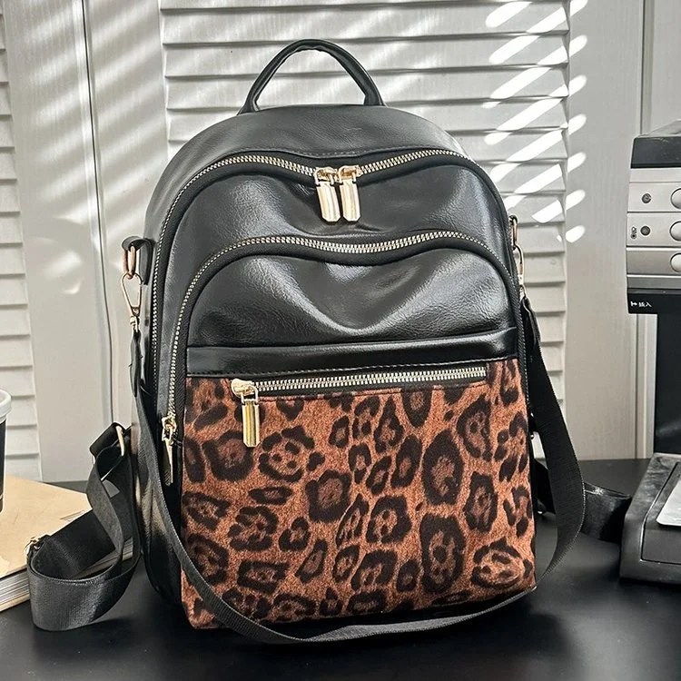 New Leopard Print Zipper PU Fashion Backpacks Sewing Thread 2025 Large Capacity Simple Versatile Classic Schoolbags for Women