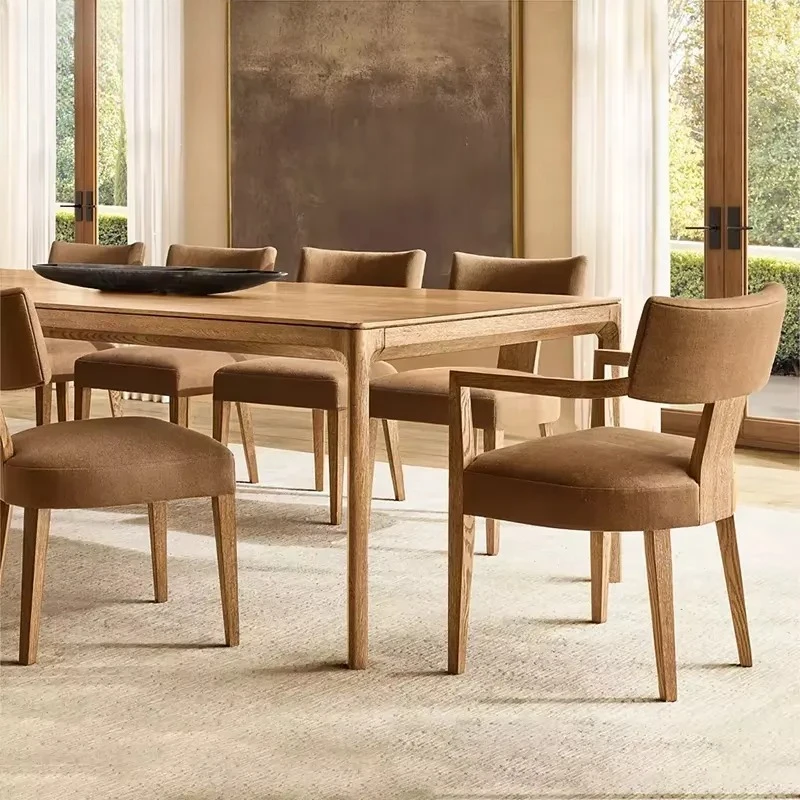 French Style Hotel Furniture Natural Oak Wooden Legs Rectangle Long Dining Table Chairs Set for Kitchen