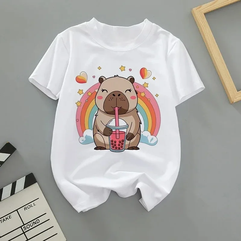 Summer Cartoon Cute Capybara Print Children T-shirt Short-sleeved Fashion Boys and Girls Round-neck Baby Kid Tshirt Trend