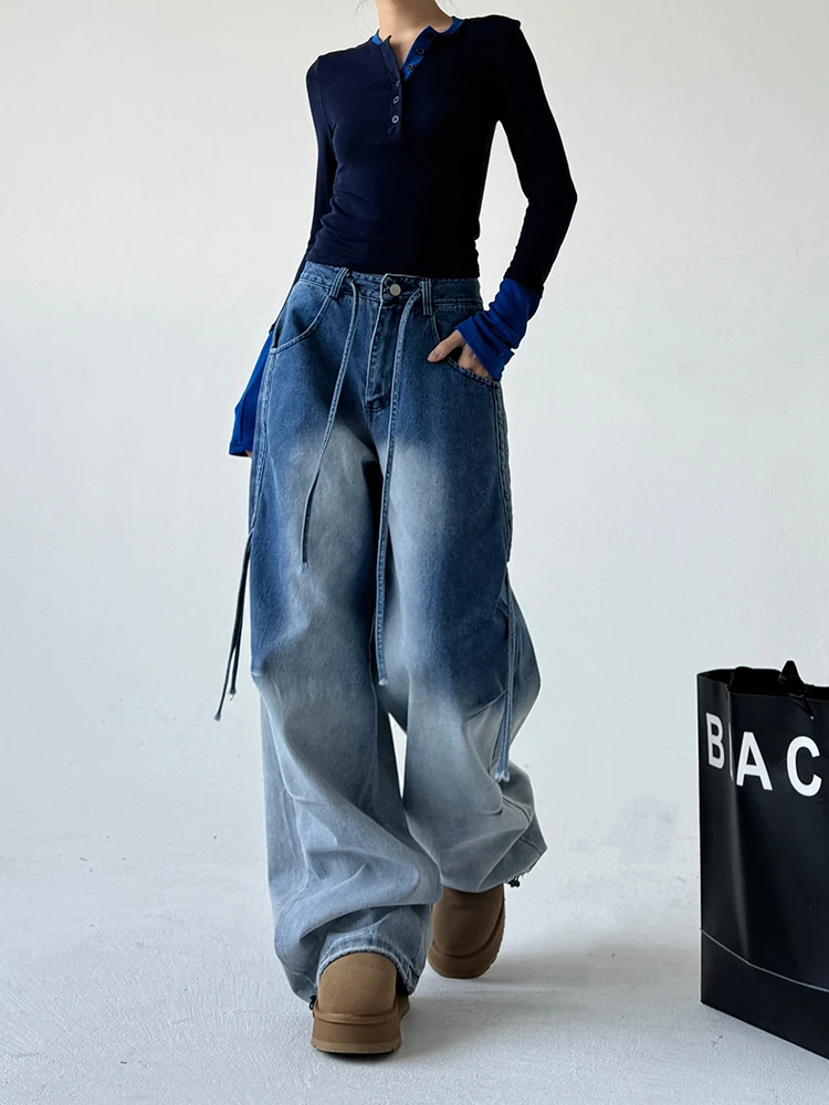 American Retro Color Blo Dstring Loose Straight Leg Jeans Women Winter Street Sle Long Trousers High Waist Cotton Stre...