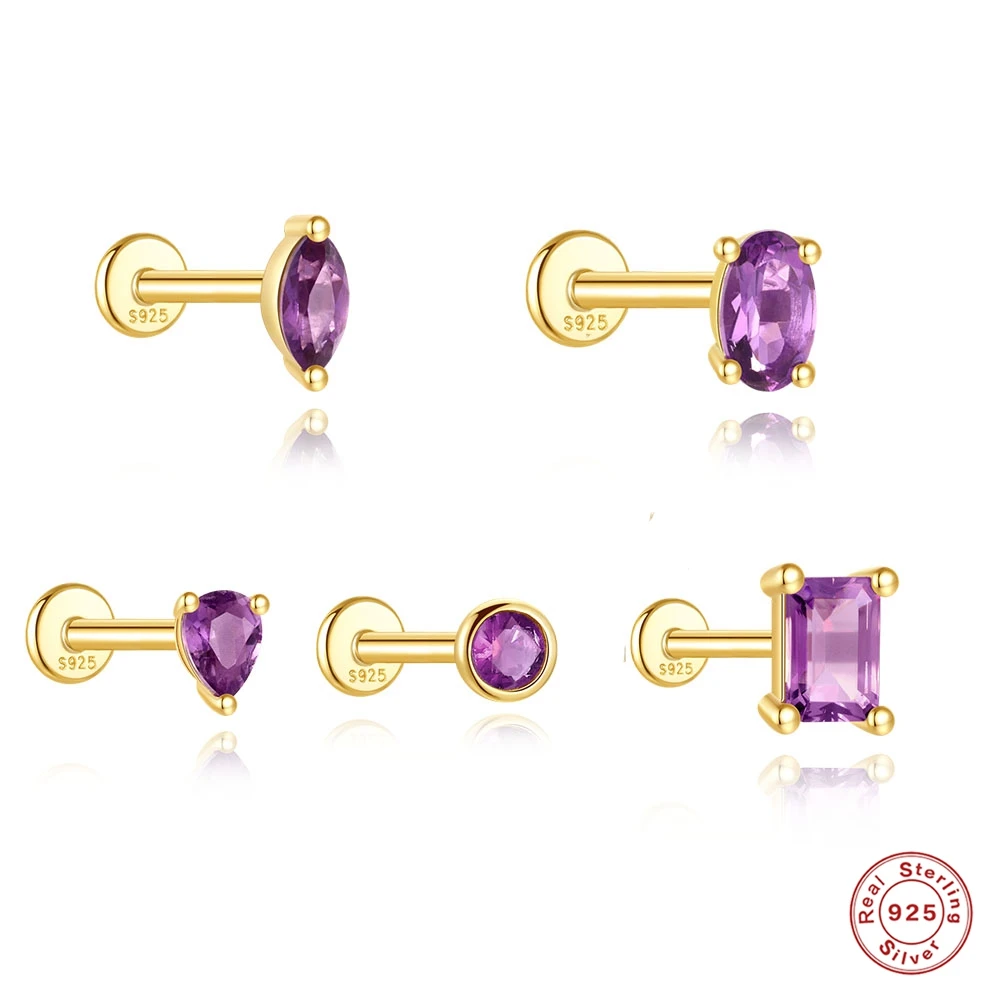 

AIDE 925 Sterling Silver Natural Amethyst Piercing Earrings Shining 18K Gold Flat Head Threaded Puncture Ear Bone Ins Jewelry