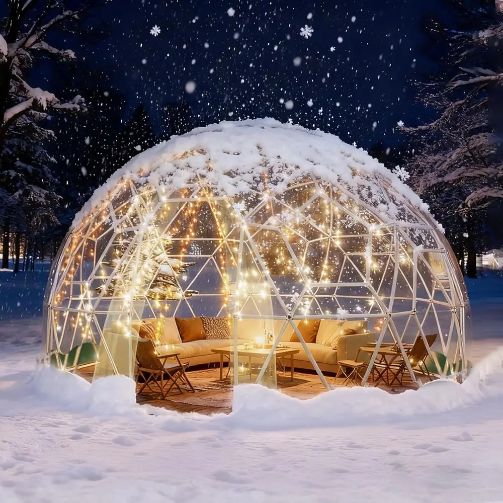 خيمة قبة PVC جيوديسية بطول 12 قدم، منزل فقاعات خارجي مقاوم للماء مع سلاسل إضاءة بطول 10 أمتار للحديقة والفناء والمناسبات