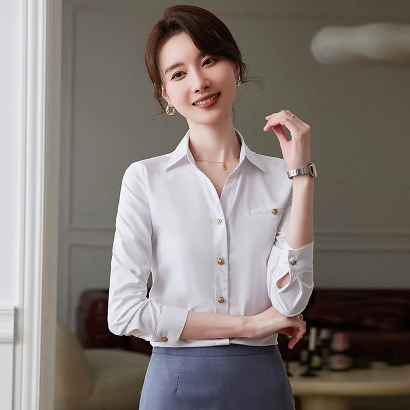 NAVIU White Shirt Women New 2023 Spring Fashion Temprament Slim V Neck Formal Long Sleeve Blouses Office Ladies Work Tops