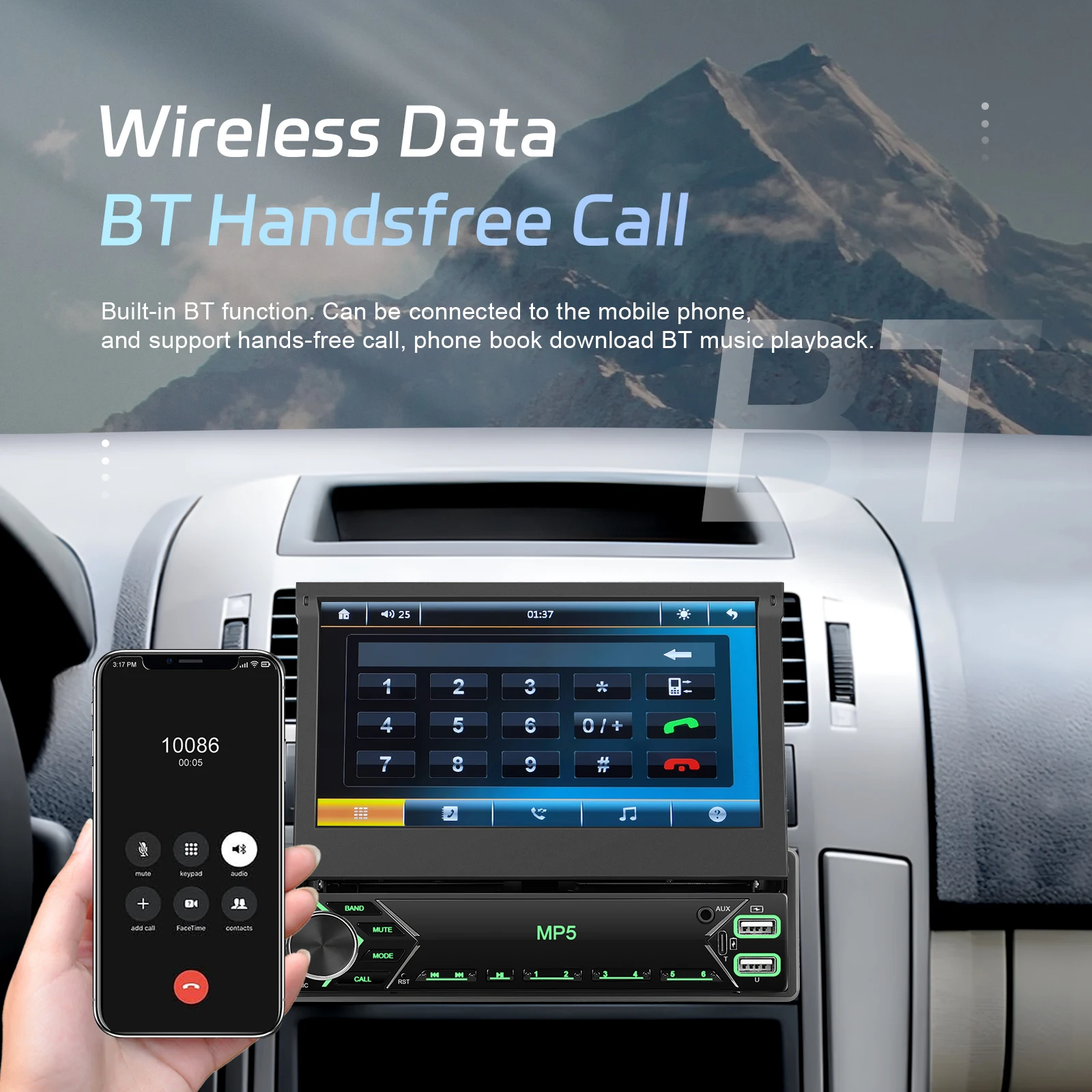 Podofo 7-Zoll-Autoradio mit einziehbarem Bildschirm, Unterstützung für Rückfahrkamera, 1 DIN, Auto-Audio-Player, TF-Karte/U-Disk, Autoradio-Stereoanlage, Bluetooth – Detail 2