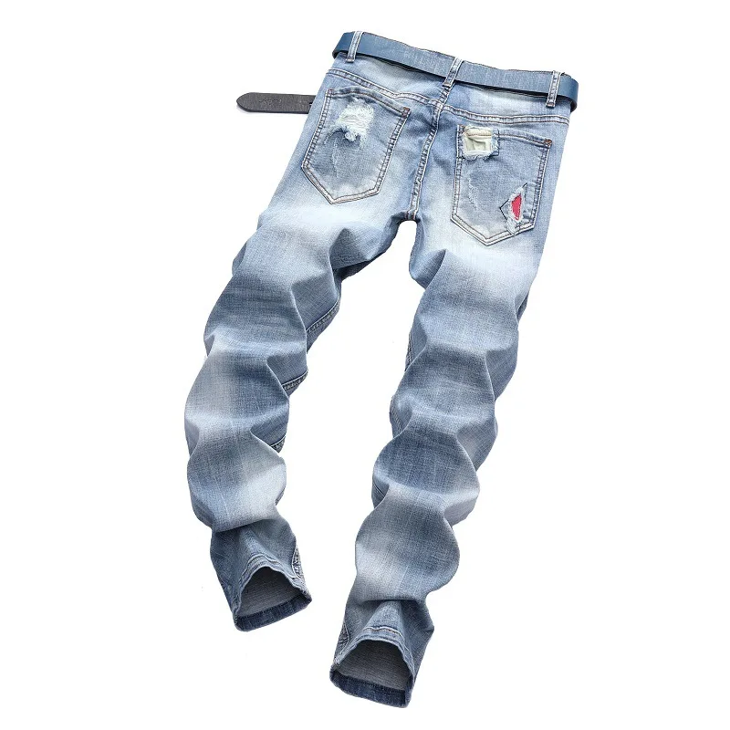 Novo gigh-qualidade personalidade luz azul estiramento motocicleta rasgado buraco tendência jeans masculinos