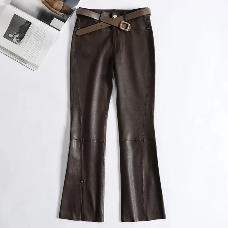 Women's Elastic Leather Pants, Slim Micro Flared Trousers, Sheepskin Leather, Stretch Pants, Long Pants, Spring and Autumn